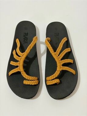 Plaka Braided Strap Black Sandals with Mustard Yellow Accents
